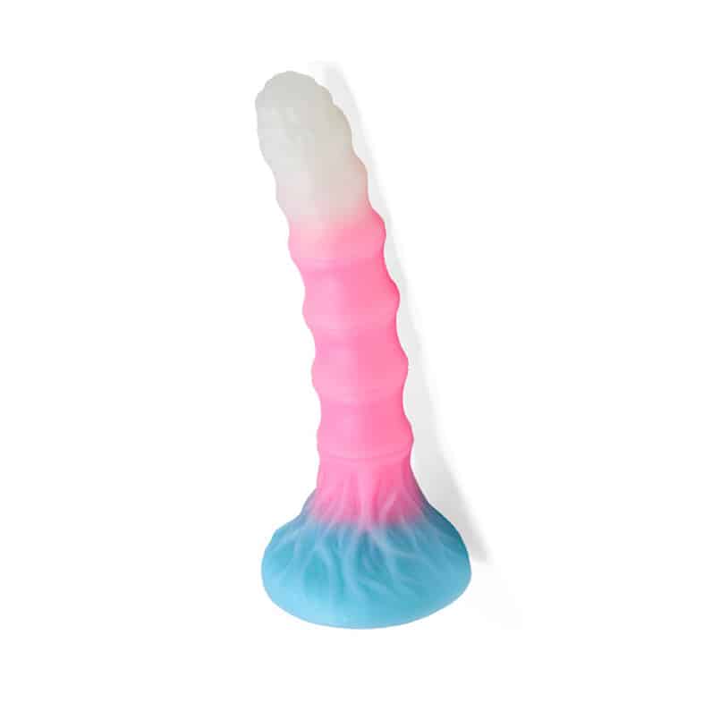 White and pink liquid silicone glow-in-the-dark ribbed dildo PLH-020