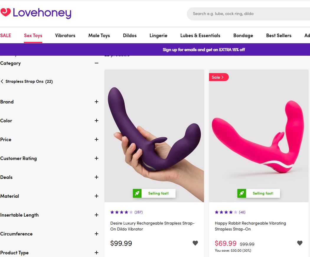Doule side straps retail price on Lovehoney