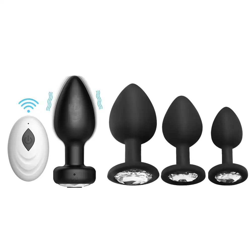Black silicone butt plug set with gemstone