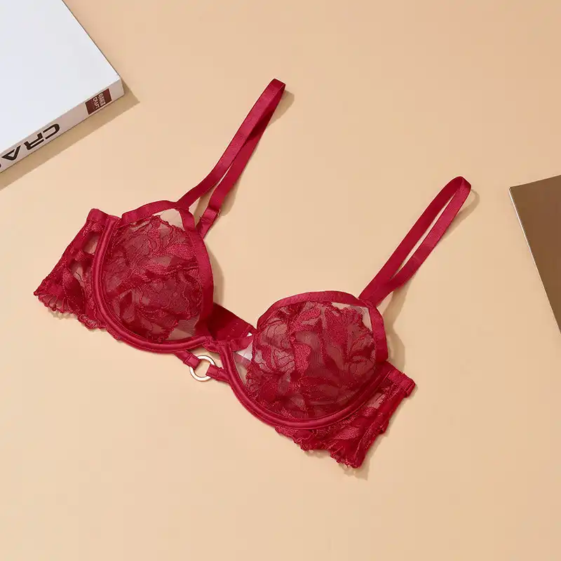 Red lace leaf-patterned bra