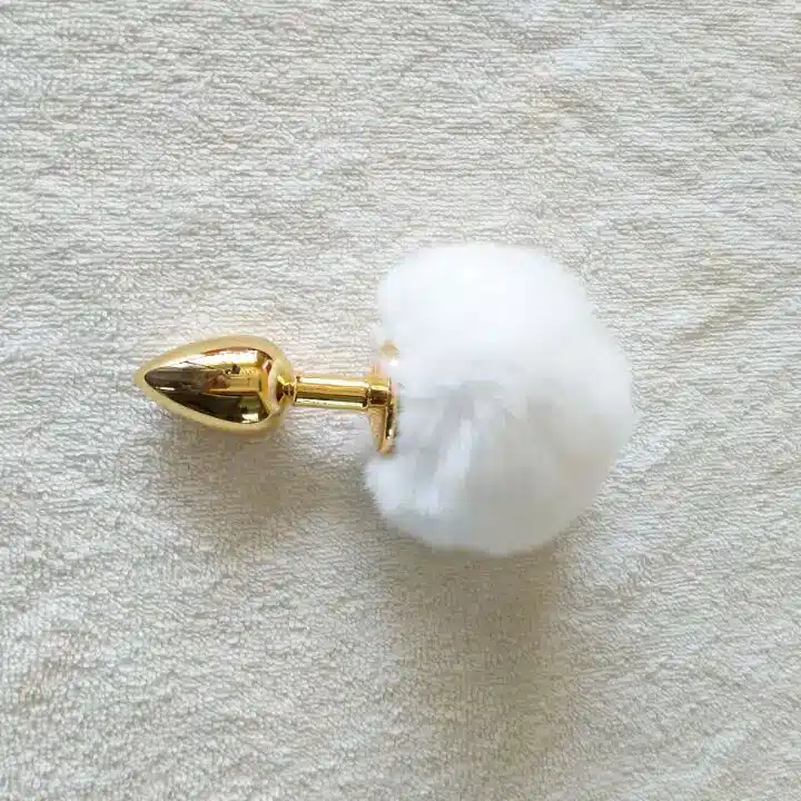 White bunny tail gold metal butt plug