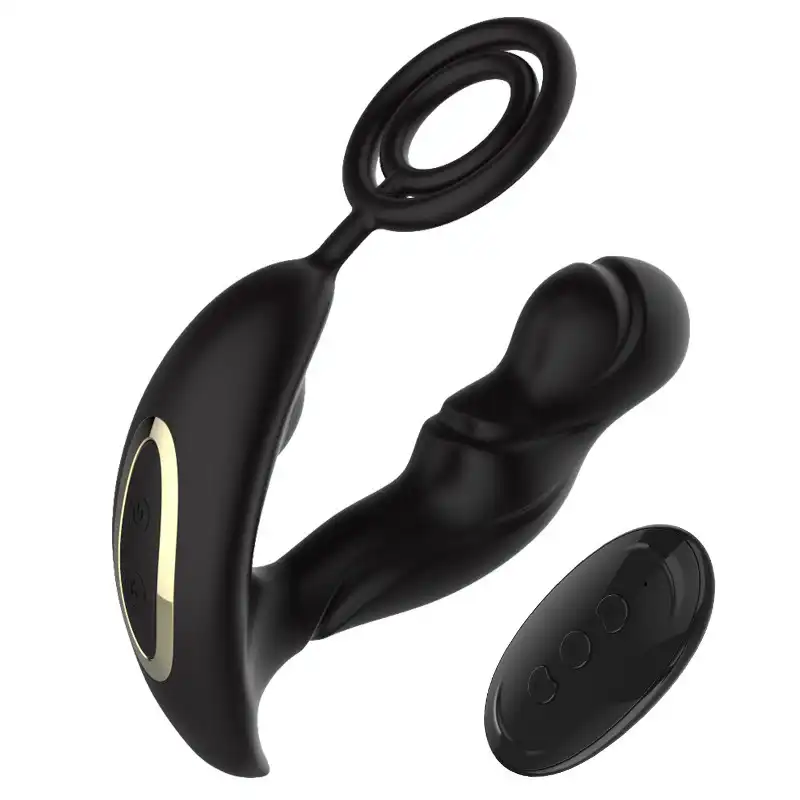 Black wearable remote-controlled thrusting anal plug