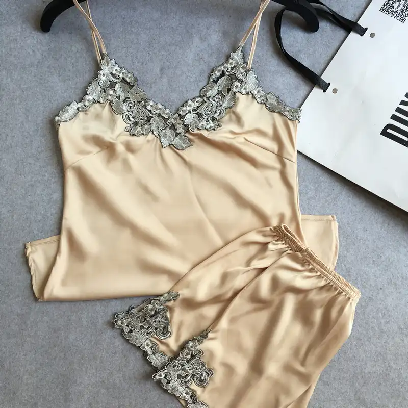 Satin champagne-colored lace sexy pajama set