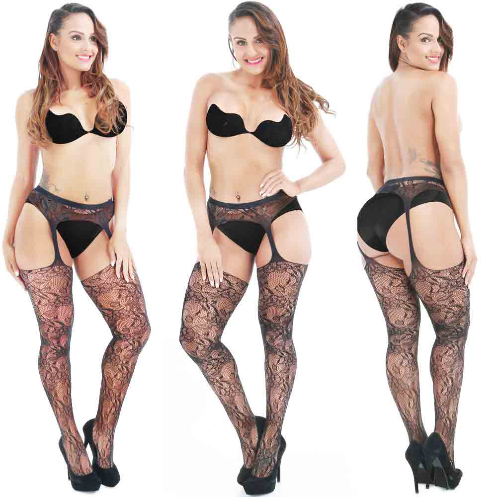 Black Lace Pattern Plus Size Crotchless Stocking XPZX-1152
