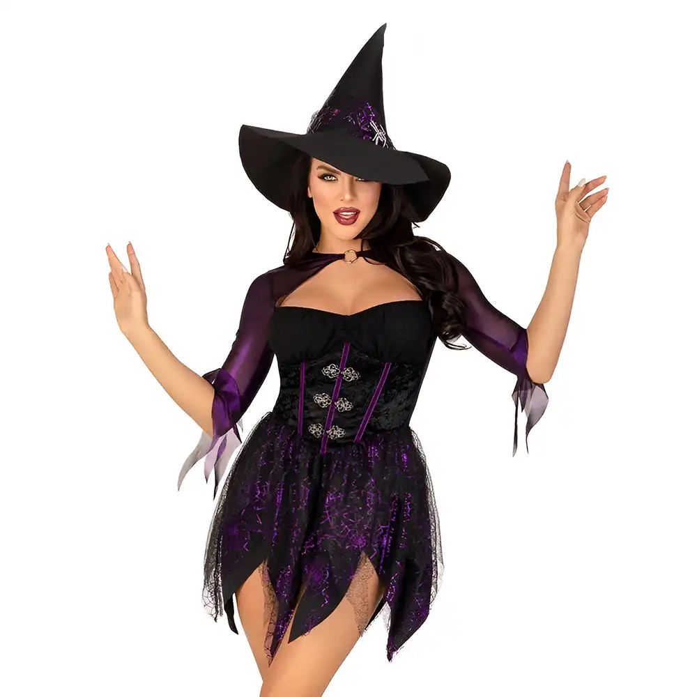 Black and purple sexy witch Halloween costume with hat