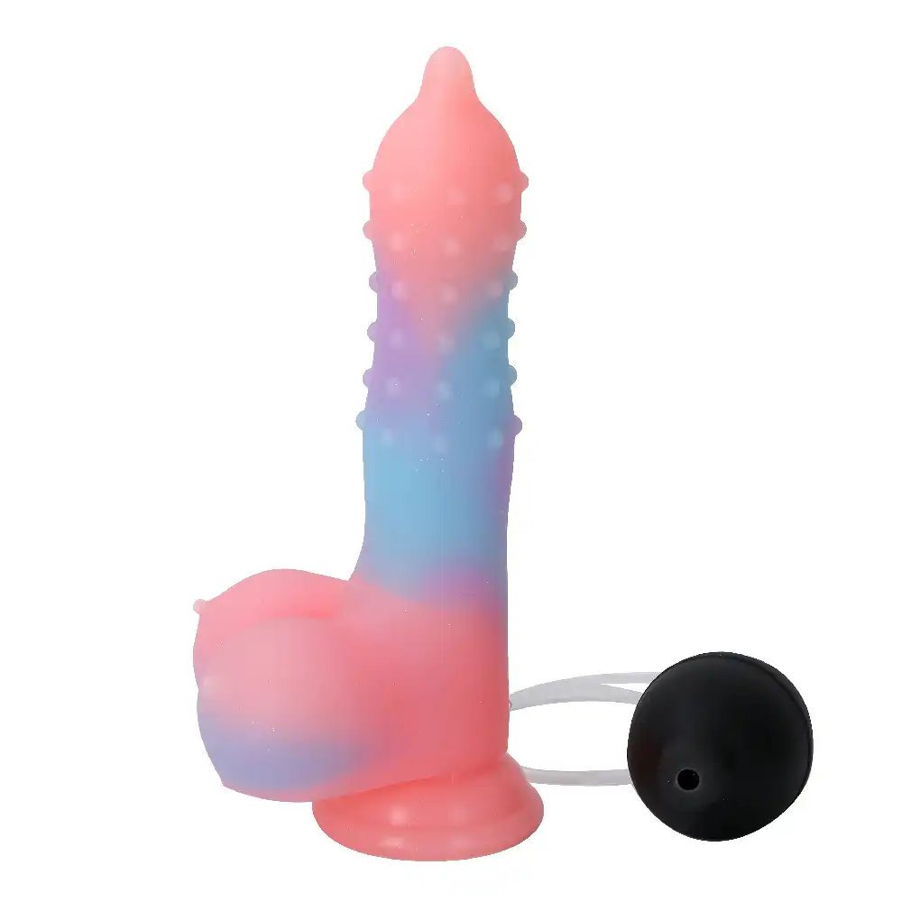 Liquid silicone glow-in-the-dark dildo with squirting function and eggs