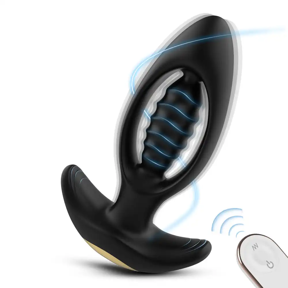 Black hollow vibrating butt plug with remote control for gay