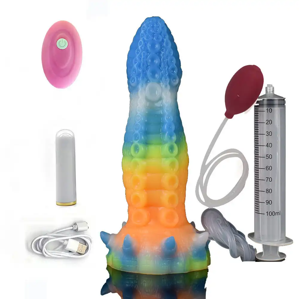 Liquid silicone glow-in-the-dark remote control vibrating octopus dildo