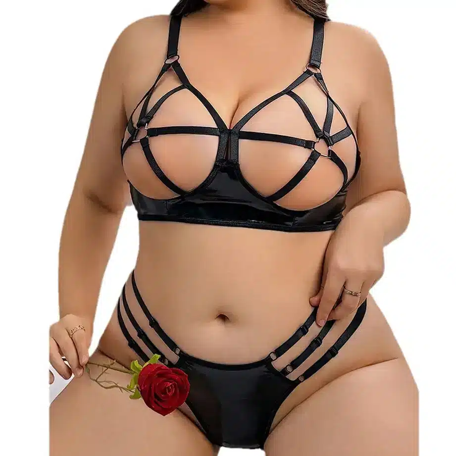 Black bondage cupless plus size bra and panty set