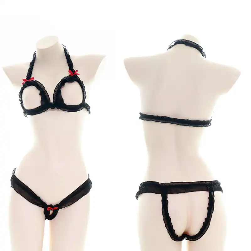 Black lace hollow bra and panty set