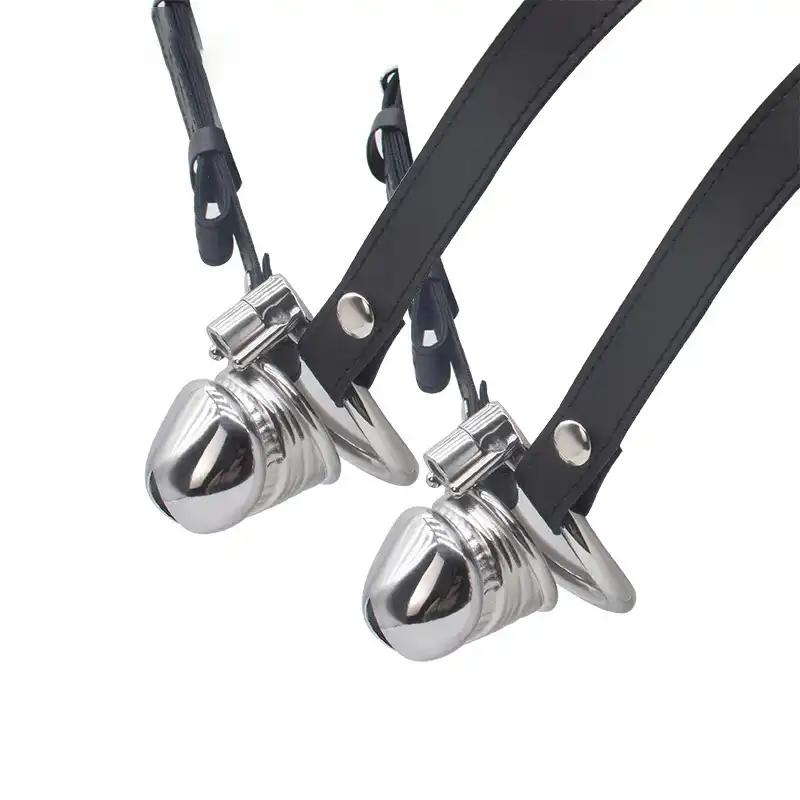 Black leather strap metal chastity belt metal arc