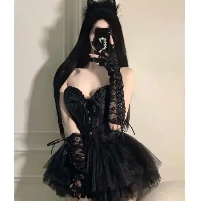 Black lace sexy cat costumes for Halloween