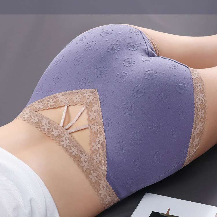 Solid Color Cotton High-Waist Panty with Lace Trim GRM-8803