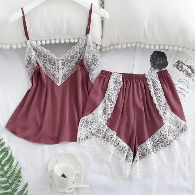 Satin red lace-trim sexy pajama set
