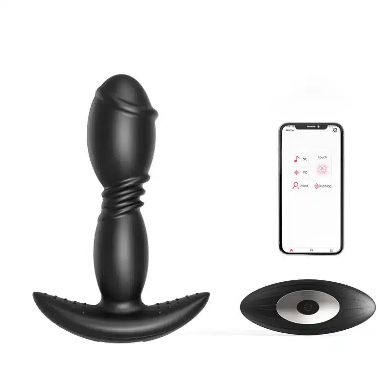 Black app-controlled thrusting butt plug