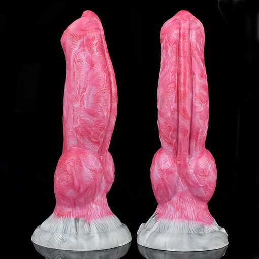 Front and side views of a red dog dildo