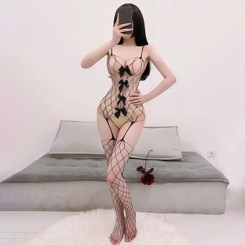 Black bow cutout fishnet bodystocking