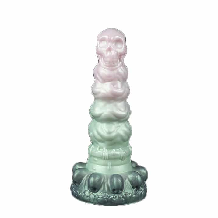 Pink and green ribbed liquid silicone dildo skull head tip TY-KLT
