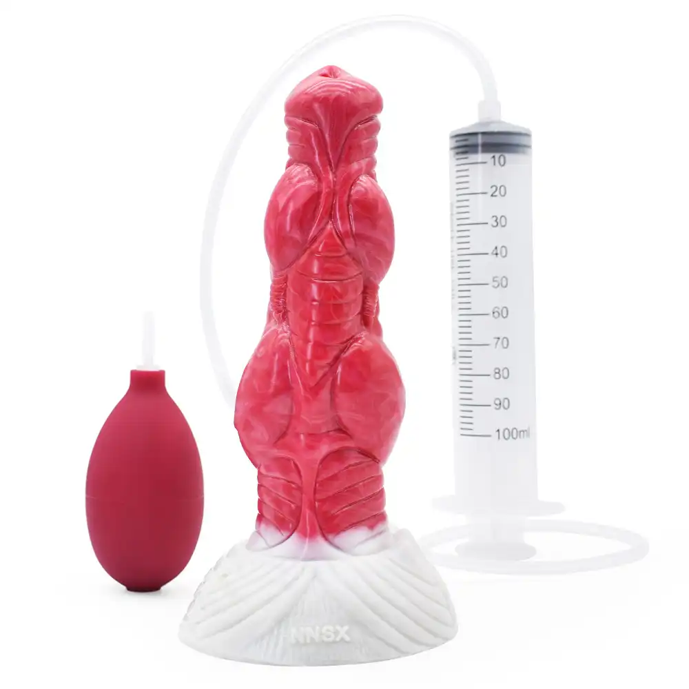 Fiery red liquid silicone dog dildo with syringe squirt
