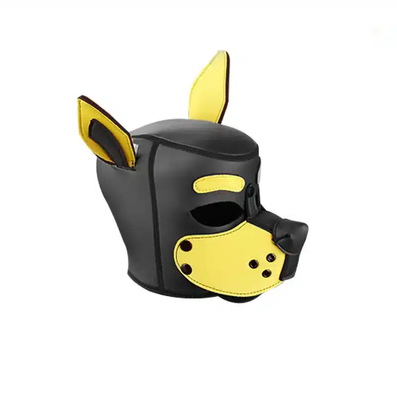 Black yellow leather rubber BDSM dog mask