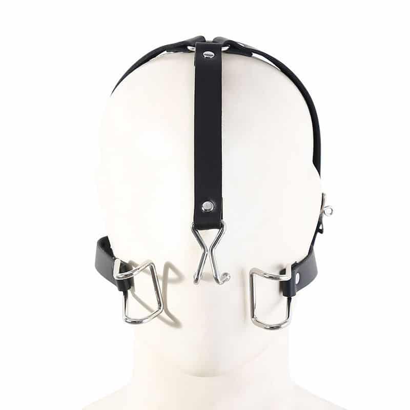 Black Leather and Metal Open Mouth Gag with Nose Hook LJL-kloon