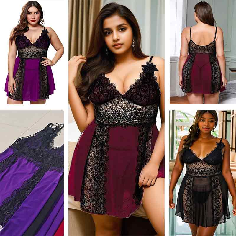 V-Neck Lace Upper Body plus size nightgown XD-9900