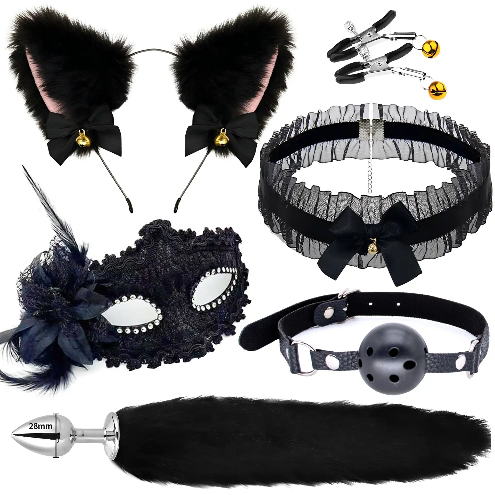 Black fox tail butt plug set with blindfold and gag