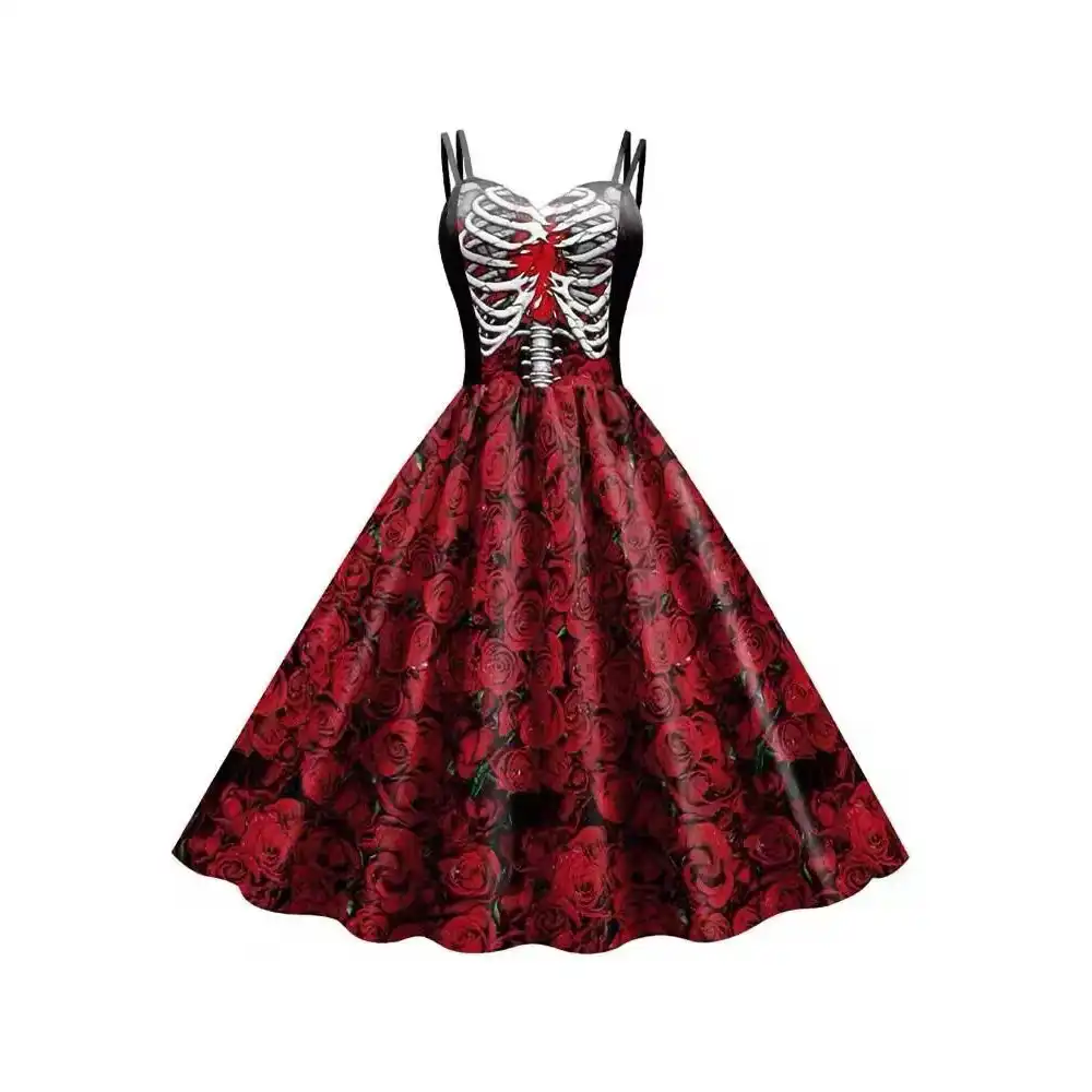Red sexy princess Halloween costume with skeleton print