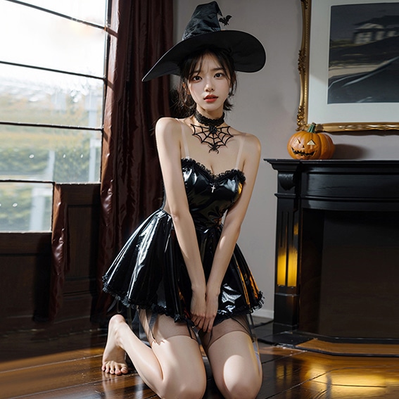 A woman wearing a black sexy Halloween costume