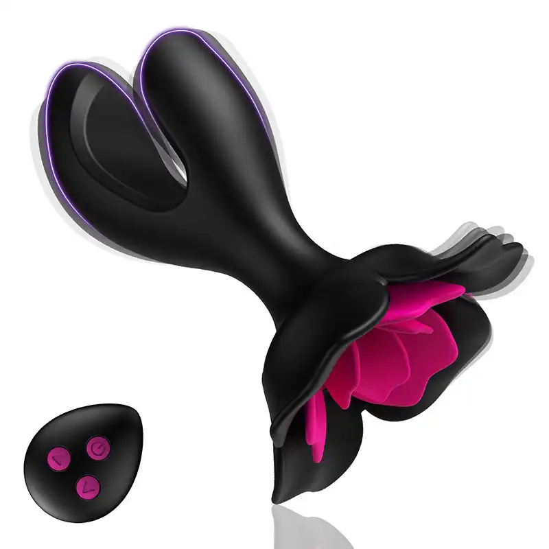 Black rose remote-controlled forked butt plug vibrator