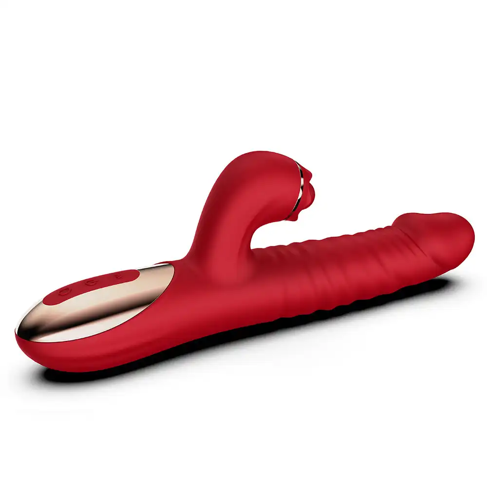 Thrusting dildo vibrator with a licking tongue