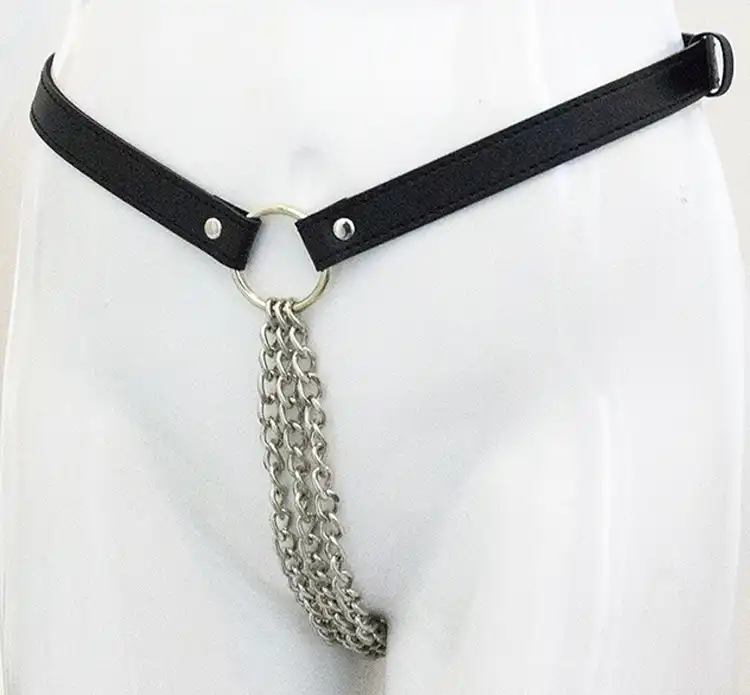 Black leather chain metal chastity belt