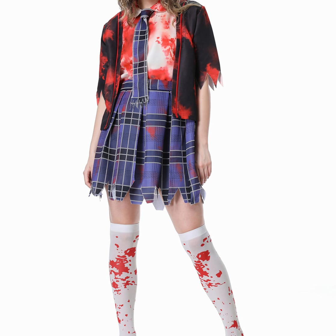 Blue plaid schoolgirl Halloween costume with black coat