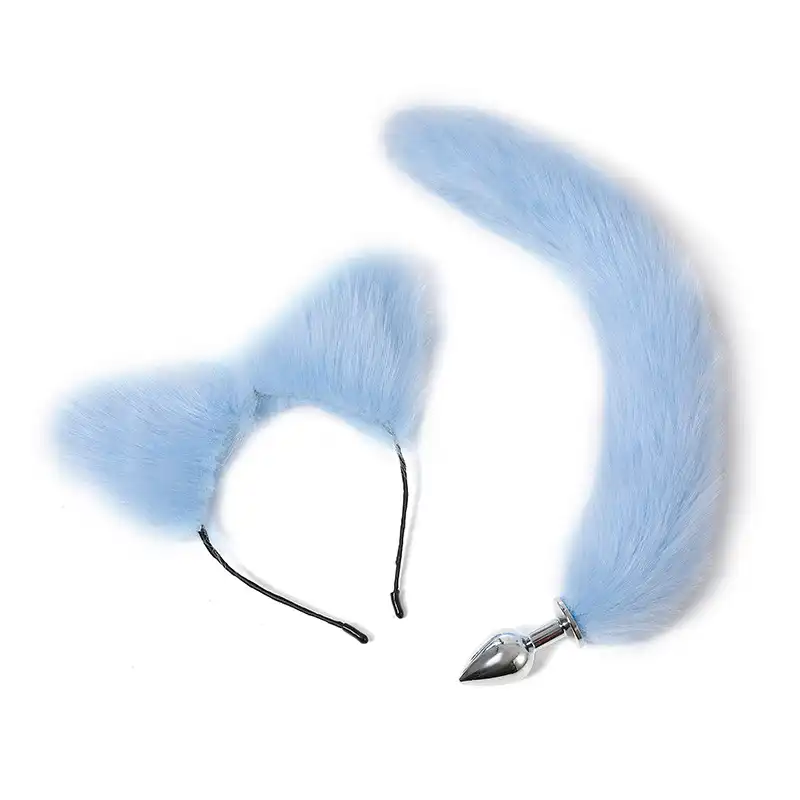 Blue fox tail butt plug set