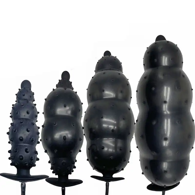 Black beaded large inflatable butt plug with bumps