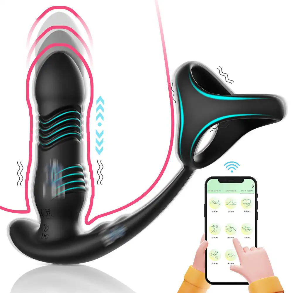 Black wearable app-controlled thrusting anal plug