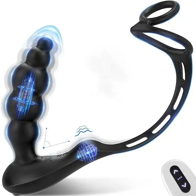 Black wearable vibrating anal plug with pull beads