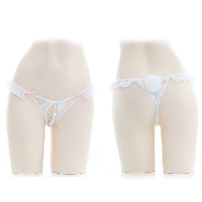 Solid Color Lace Trim Pearl Panty with Fluffy Bunny Tail MB-N0502