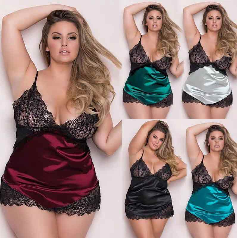 Solid Color V-Neck Lace Pattern on Chest plus size satin nightgown BYB-5034