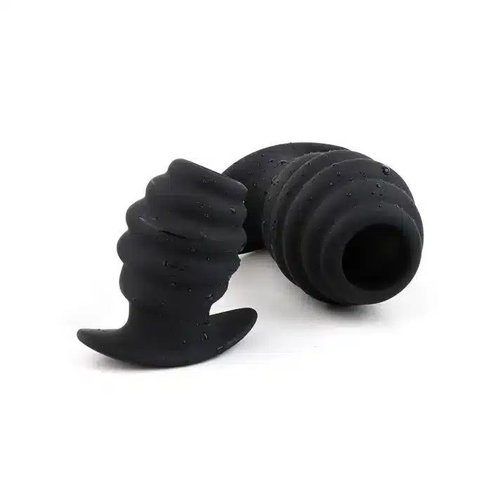 Black threaded hollow silicone butt plug