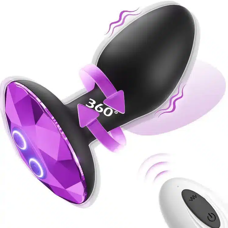 Black silicone butt plug with purple jewel