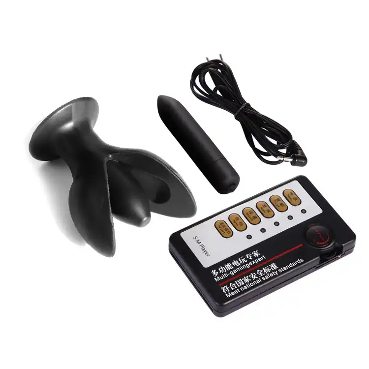 Black three-pronged electro butt plug with the main unit
