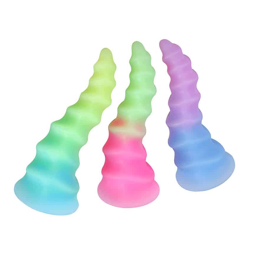 Horn-shaped and multicolor glow-in-the-dark liquid silicone ribbed dildo JJ-611