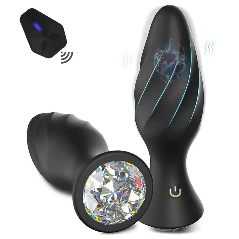 Black silicone butt plug with white jewel