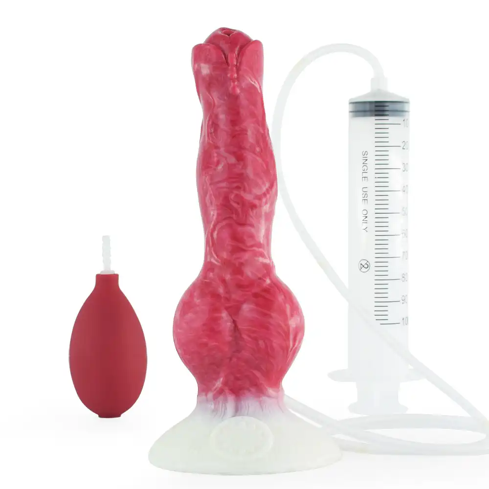 Red liquid silicone dog dildo with syringe and balloon squirt