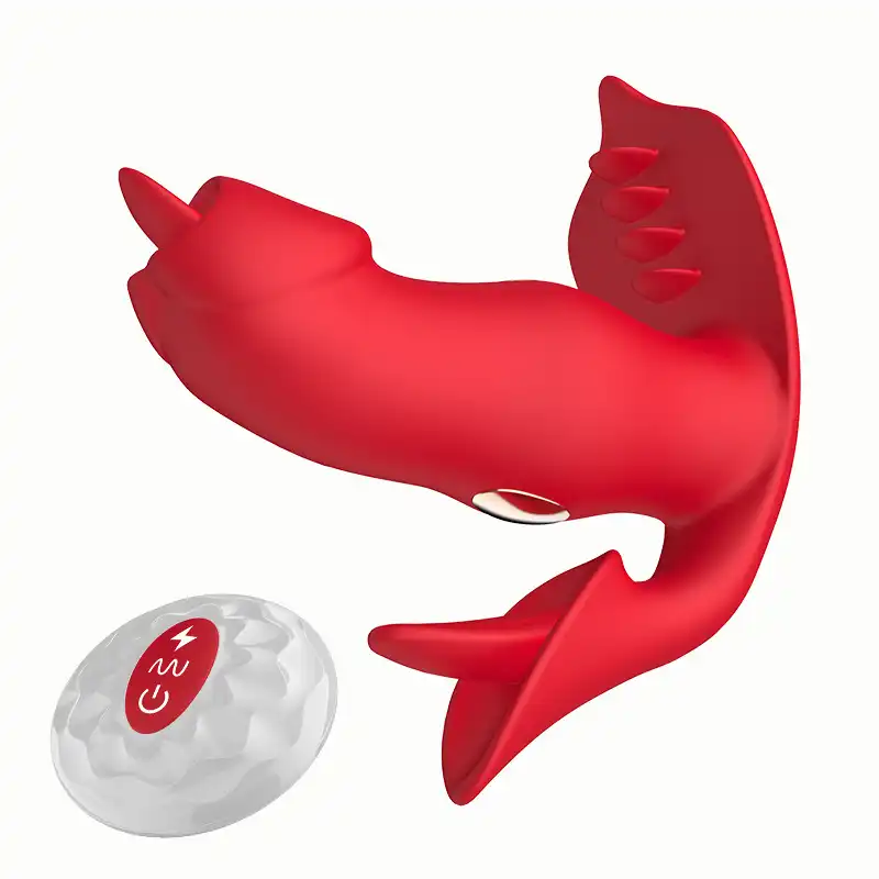 Red wearable remote control electric vibrator with tongue-licking