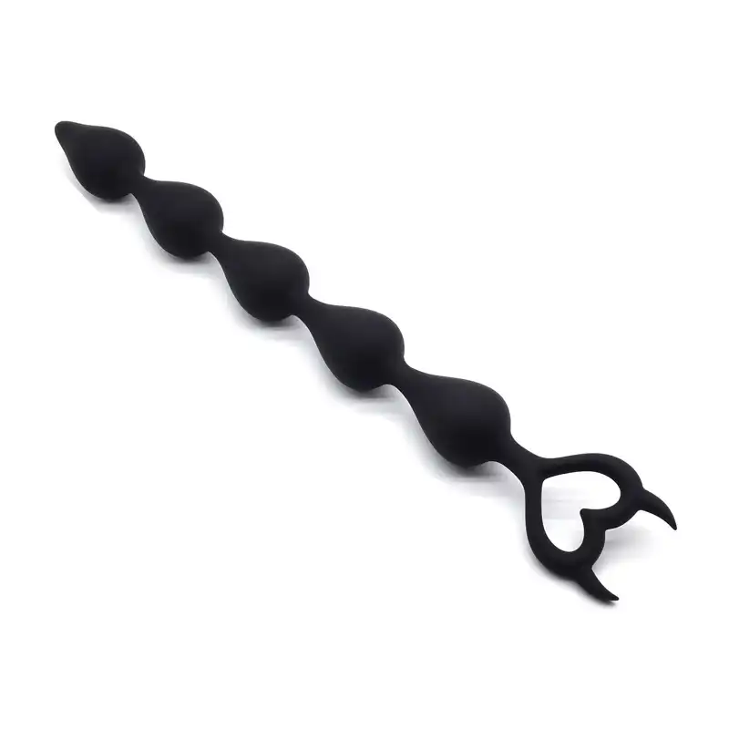 Black heart-shaped handle beaded long butt plug