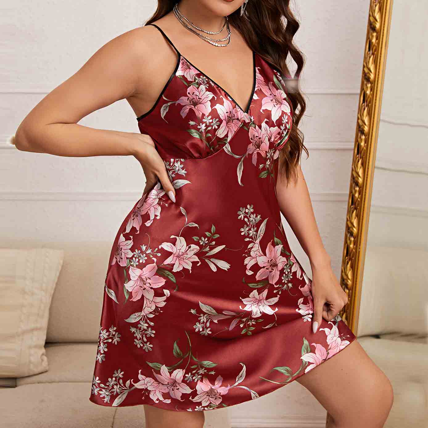 V-Neck plus size satin nightgown with Pattern HQSY-H97010