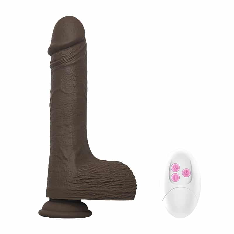 Heatable wiggling lifelike black dildo