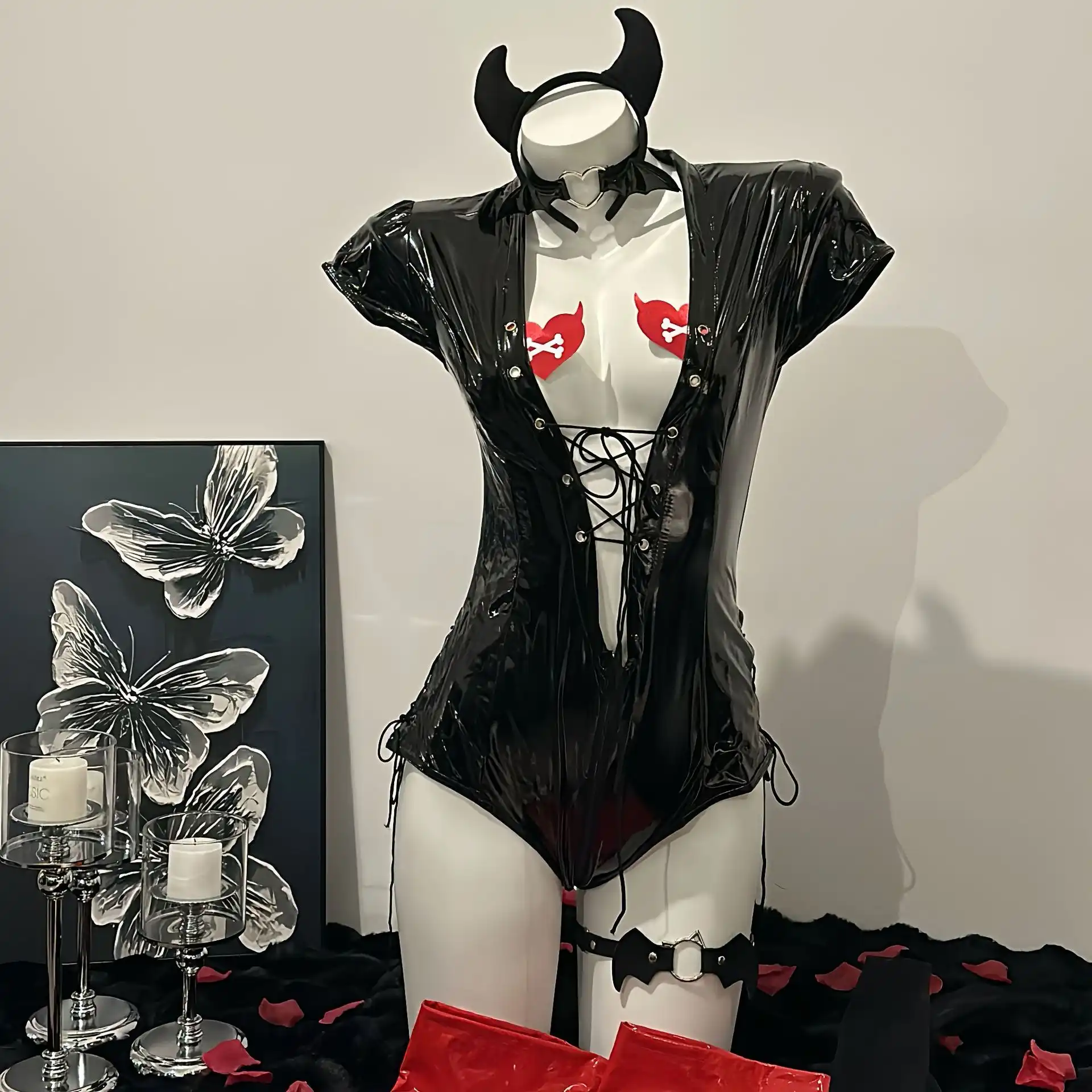 Sexy black devil costume with headpiece, collar, and leg rings